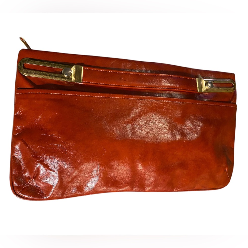 1970’s Vintage Chic OxBlood Leather Clutch with Golden Hardware